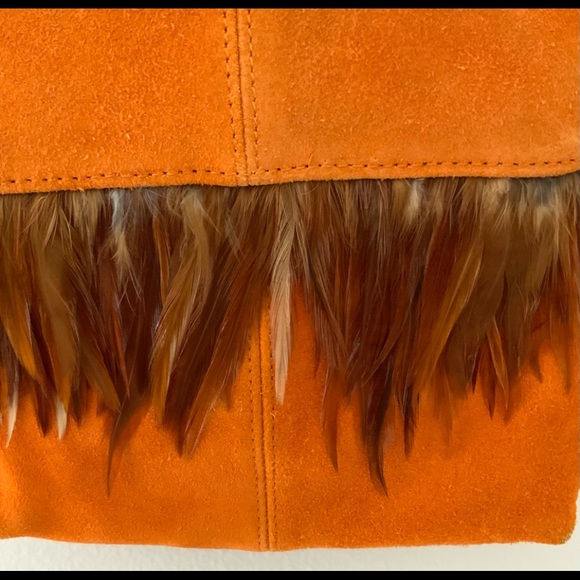 Women’s Orange Suede Purse Crossbody Bag Feather Trim - Picture 2 of 6